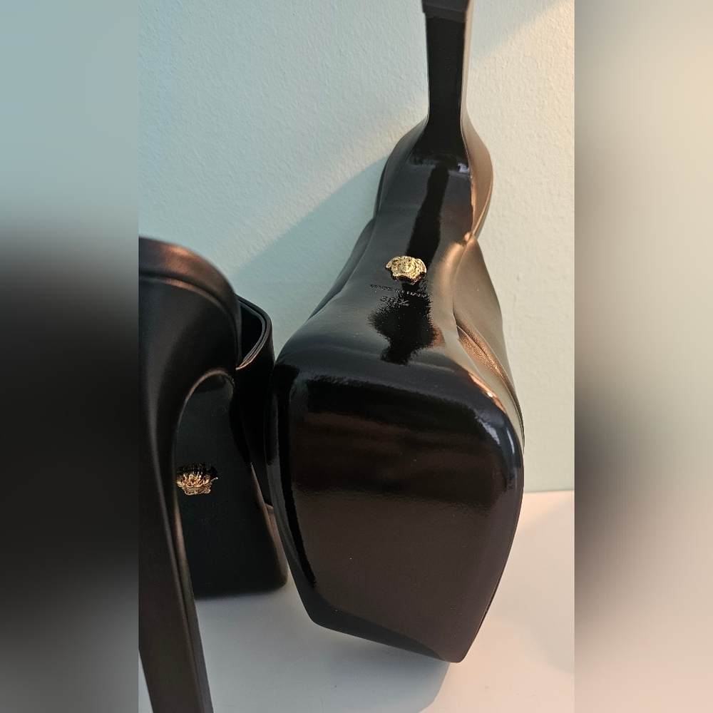 Versace La Medusa Gold 140MM Leather Platform Mules/Sandal Black Size 38/5 - Picture 15 of 16